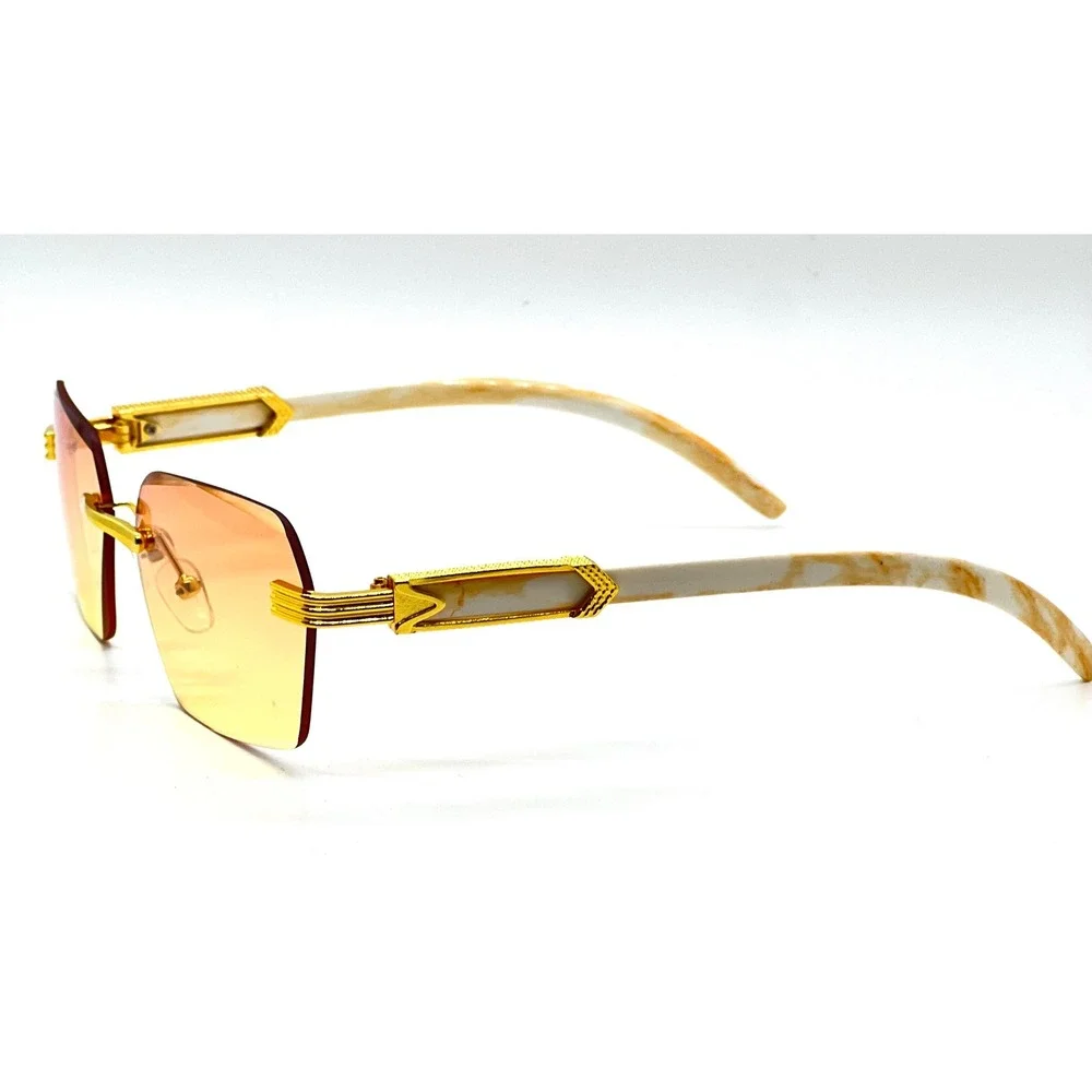 Mens‎ Rimless Rectangle Sunglasses Gold Metal Frame Cream Marble Gradient Lens